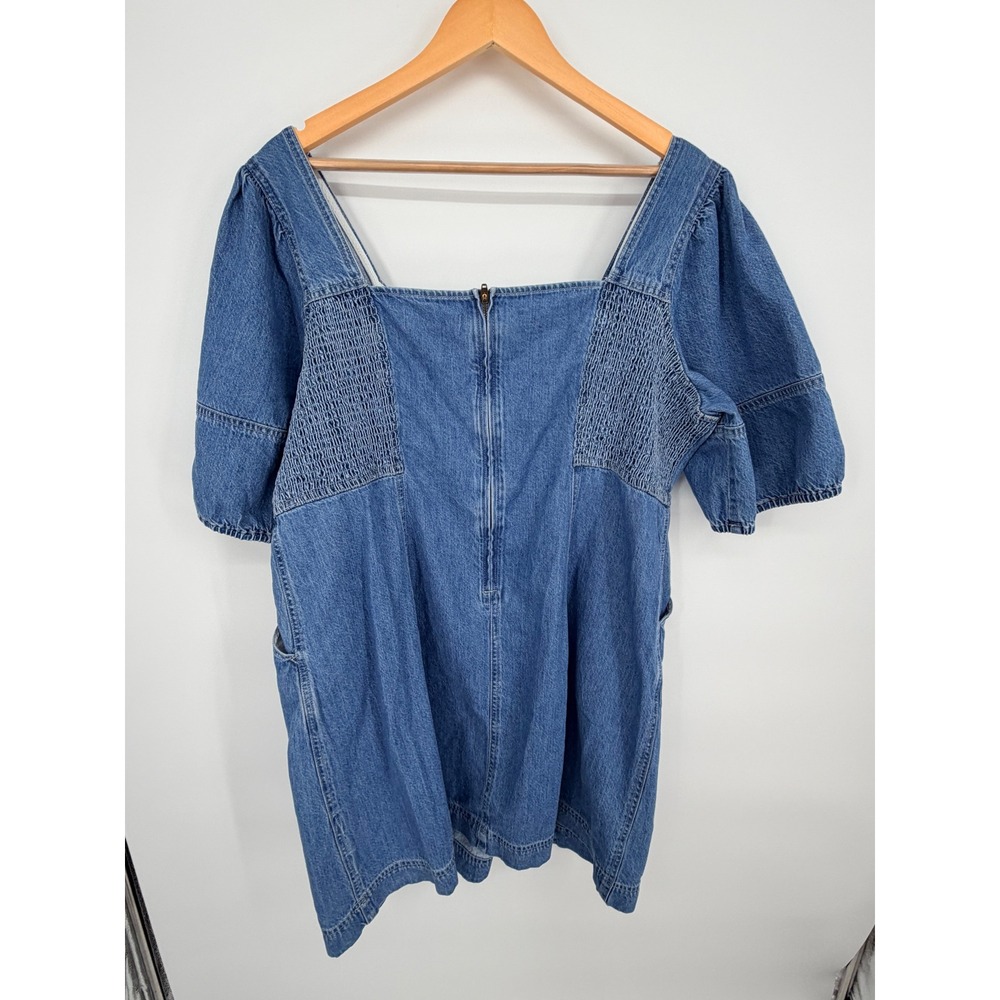 Madewell Denim Square Neck Puff Sleeve Mini Dress Blue Size 16W Pockets Cotton - Picture 6 of 14